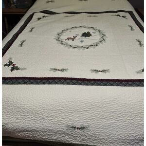Cracker Barrel Christmas Theme Embroidered Quilt Rustic Woodland Scene Deer Full